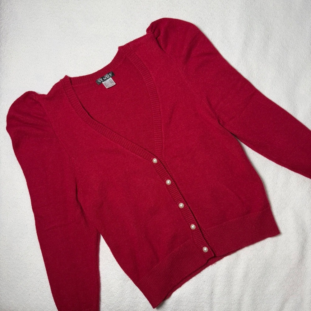 Venus Red Puff Shoulder Pearl Button Cardigan Sweater Coquette V-Neck Medium